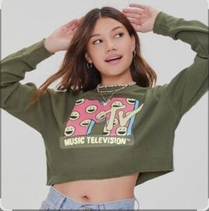 MTV Olive Green Cropped Top with Colorful Graphic